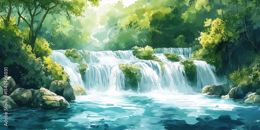 Obraz premium A serene waterfall cascading into a crystal-clear pool, surrounded by lush green foliage and sunlight filtering through the trees.