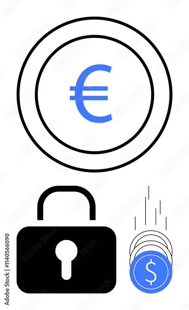 Euro symbol inside circle, padlock indicating security, and falling coins represent financial transactions. Ideal for finance, banking, cybersecurity, savings, investments anti-fraud fintech. Line