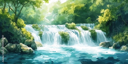 A serene waterfall cascading into a crystal-clear pool, surrounded by lush green foliage and sunlight filtering through the trees.
