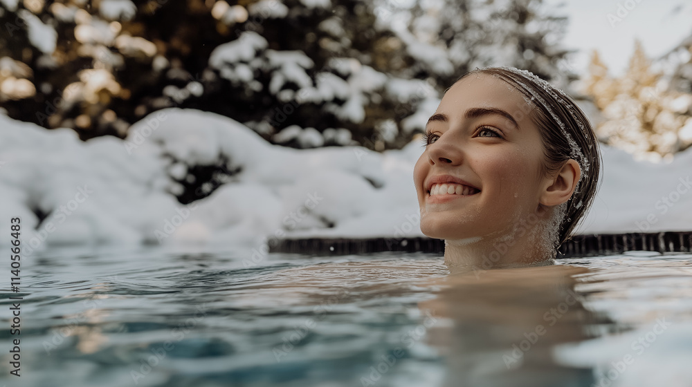 A beautiful woman is resting body and soul, relaxing in a hot mineral spring in the winter cold A beautiful woman is resting body and soul, relaxing in a hot mineral spring in the winter cold