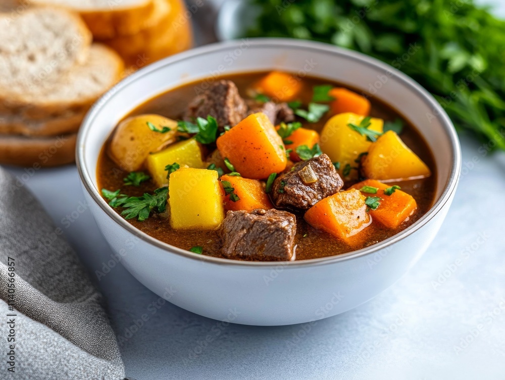 Celebrate Valentine\'s Day with a hearty bowl of rich dark beef stew featuring fresh vegetables and rustic bread. Generative AI Celebrate Valentine\'s Day with a hearty bowl of rich dark beef stew featuring fresh vegetables and rustic bread. Generative AI