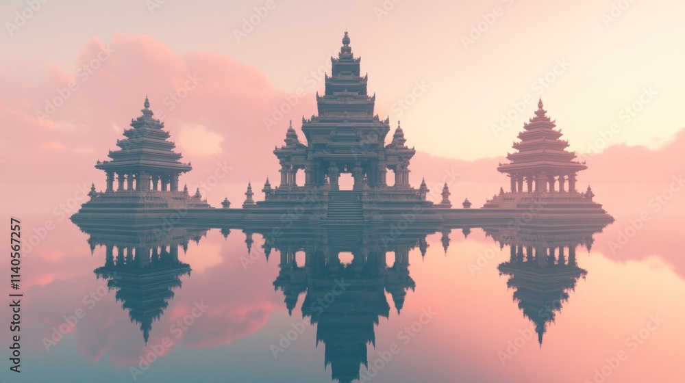 Serene Asian temple complex reflected in calm water at sunset. Serene Asian temple complex reflected in calm water at sunset.