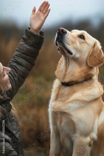 Labrador retriever interacts with owner during training session in a natural ...