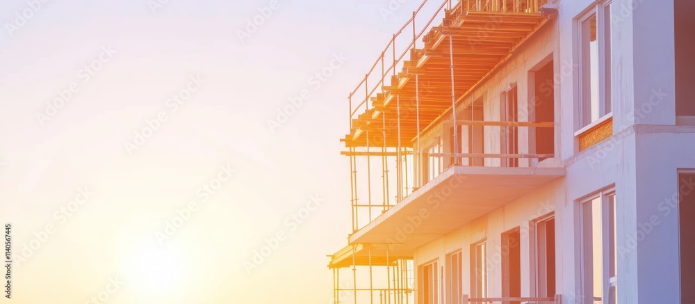 Fototapeta premium Sunset view of a building under construction with scaffolding and balconies.