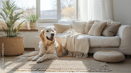 Cozy golden retriever relaxing on a stylish sofa in a sunlit modern living room