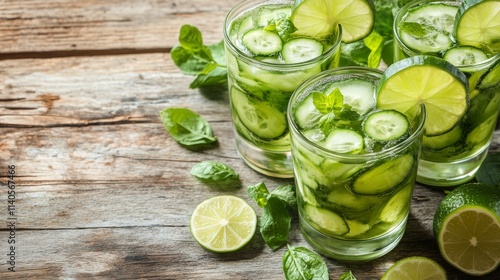 Refreshing cucumber lime drinks with mint on a rustic wooden table