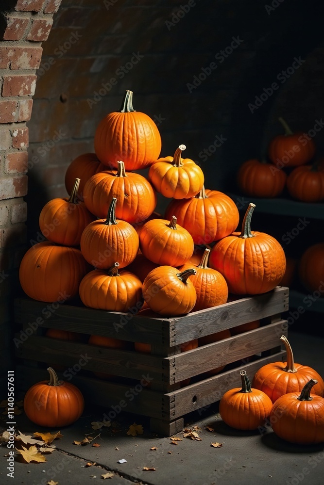 Obraz premium Pumpkins and other gourds are stacked high on a wooden crate in a dimly lit cellar, autumn, pumpkins, storage