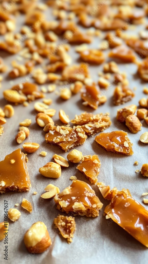Peanut brittle crumbles laying on baking paper Peanut brittle crumbles laying on baking paper