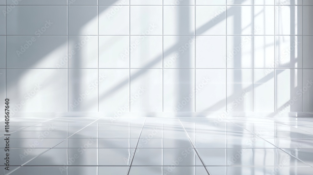 Sunlight illuminates a clean, white tiled room with bright reflections on the floor. Sunlight illuminates a clean, white tiled room with bright reflections on the floor.