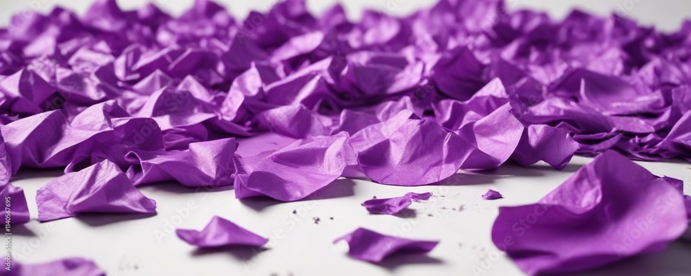 Obraz premium Purple tissue paper scattered on a white surface with some crumpled pieces in the center , white, crumpled, fragile