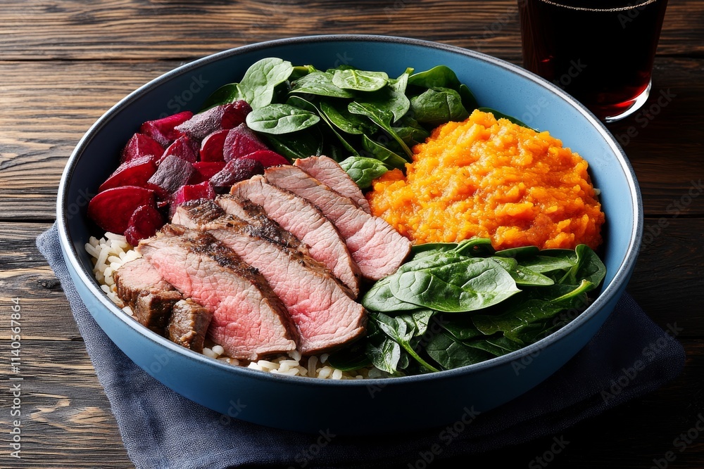 Delicious blue bowl of rice topped with spinach, roasted beets, juicy steak, and sweet potato for Valentine\'s Day celebration. Generative AI Delicious blue bowl of rice topped with spinach, roasted beets, juicy steak, and sweet potato for Valentine\'s Day celebration. Generative AI