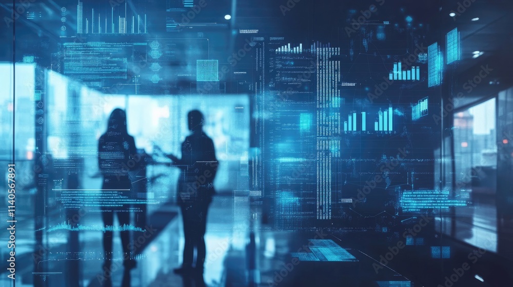Silhouetted businesspeople discussing data analytics displayed on a digital screen. Silhouetted businesspeople discussing data analytics displayed on a digital screen.