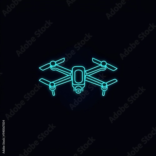 Neon blue drone is lit up on a black background