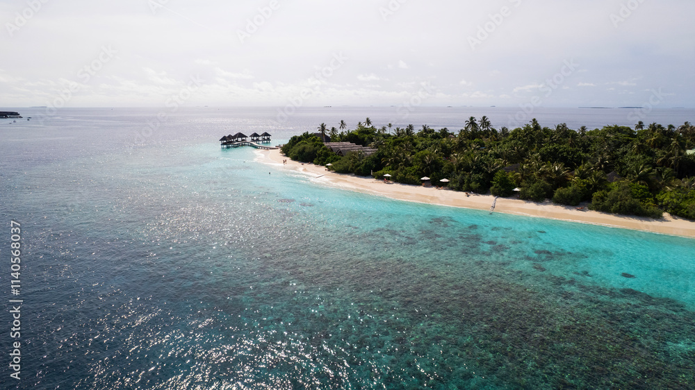 Turquoise clear water and the green island of Maldives. Top view of the ocean and the reef. Palm trees grow on the island. There are bungalows and villas. White sand on the beach. Fish are visible