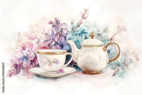Design illustration Set of tea cup, coffee pot and flowers. Watercolor paints