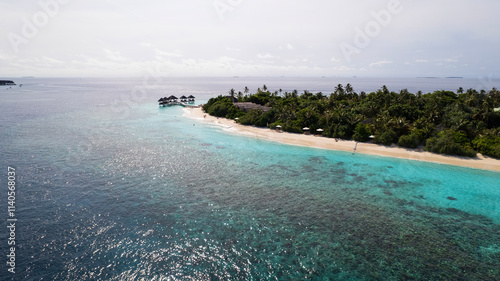 Turquoise clear water and the green island of Maldives. Top view of the ocean and the reef. Palm trees grow on the island. There are bungalows and villas. White sand on the beach. Fish are visible
