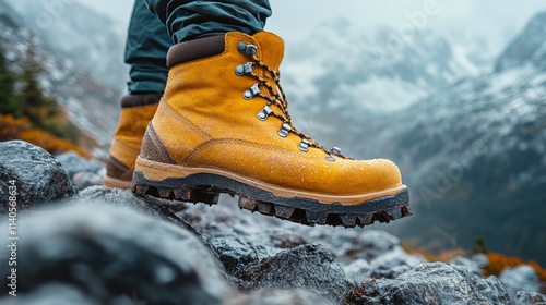 Hiking boots on rocky terrain overlooking a serene lake in a mountainous land...