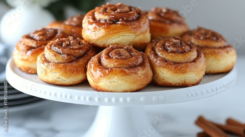 Freshly baked cinnamon rolls on a round cake stand in a cozy kitchen setting