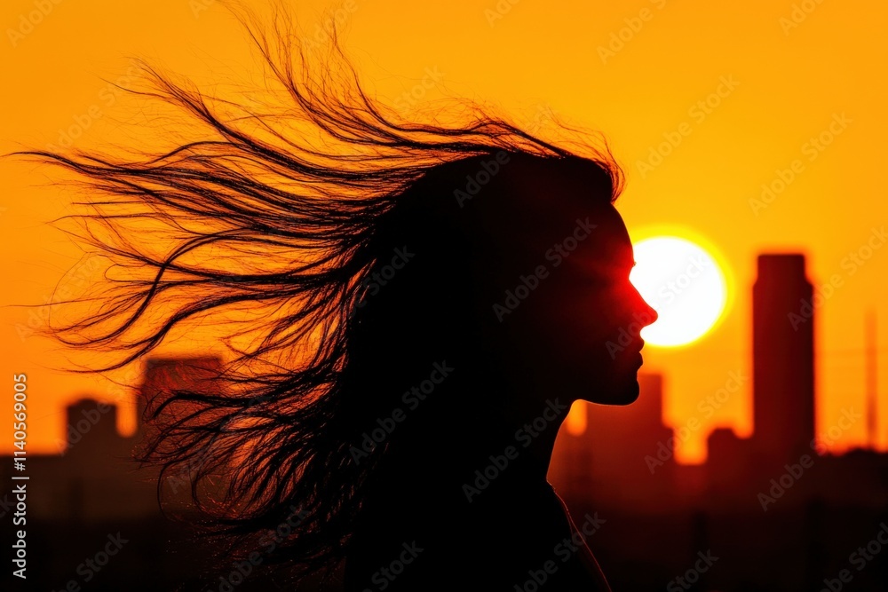 silhouette of a person with flowing hair against an orange sunset silhouette of a person with flowing hair against an orange sunset