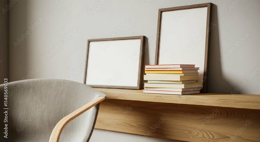 An interior room with blank rectangular photo frames on the wall 3d illustration mock-up template. An interior room with blank rectangular photo frames on the wall 3d illustration mock-up template.