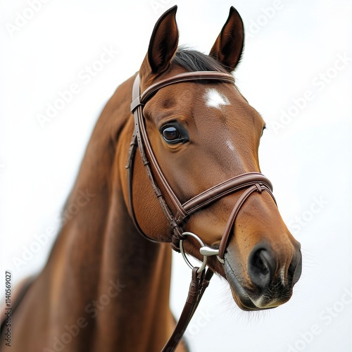 Majestic horse with detailed bridle captured against a plain background