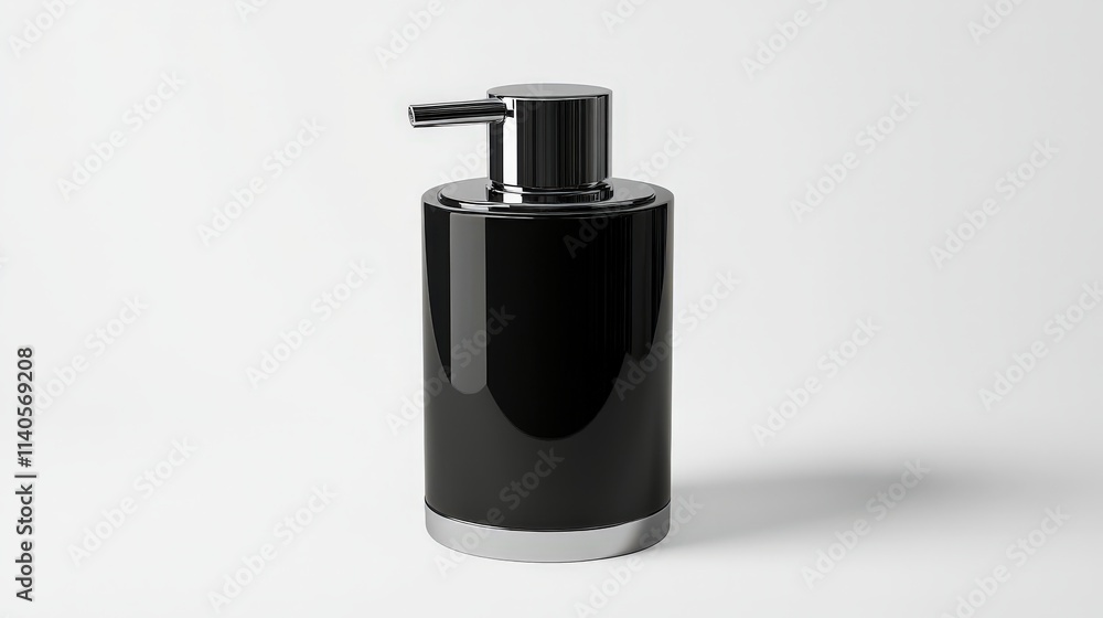 Elegant black soap dispenser with chrome accents on minimalist background Elegant black soap dispenser with chrome accents on minimalist background