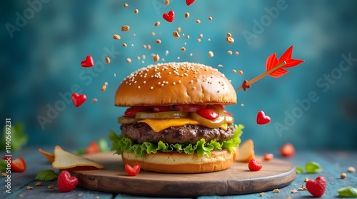 Delicious burger with flying ingredients and sauce. Valentine's day poster. Cupid's arrow pierces the burger. For the love of food. Blue background with flying feathers photo