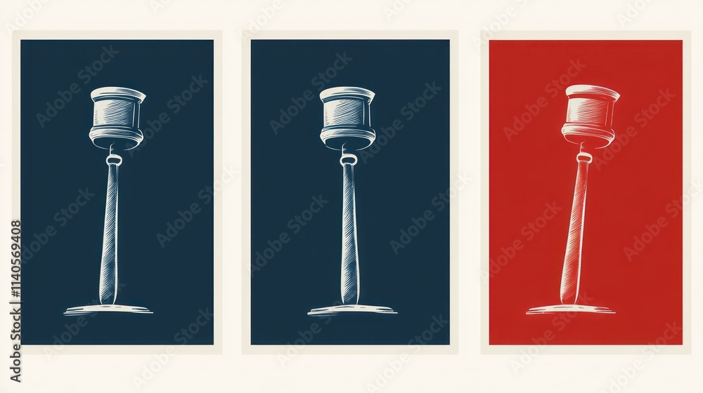 Three gavel illustrations on navy, gray, and red backgrounds. Three gavel illustrations on navy, gray, and red backgrounds.