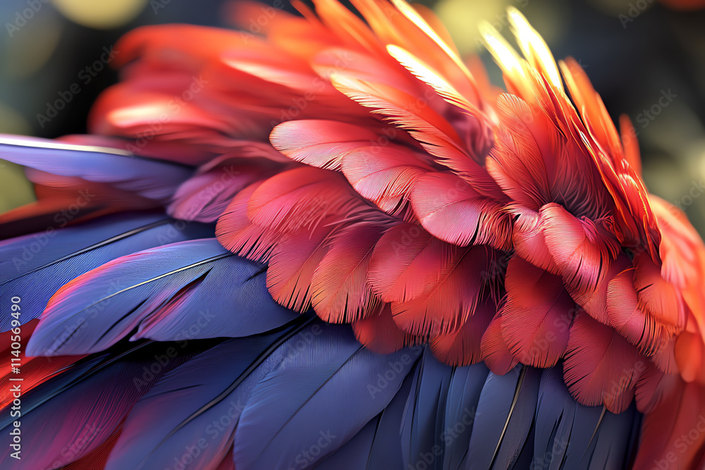 Fototapeta premium Close-up of vibrant red and blue feathers showcasing natural beauty and texture.