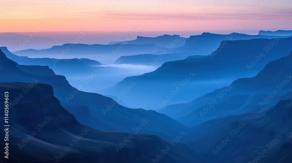 Obraz premium a blue mountainous landscape at dusk with mist