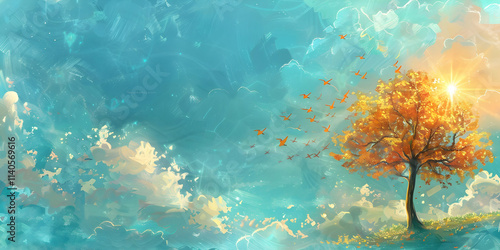 Tree and Clouds Hand-Painted Wallpaper for Relaxing Ambience

