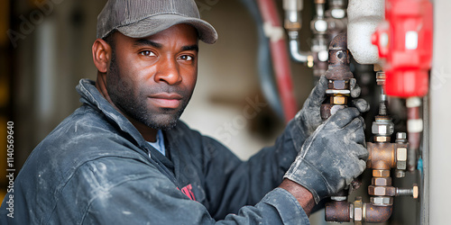 Industrial Worker Adjusting Valves, Maintains Complex Machinery, Showing Expertise and Precision in his Task.