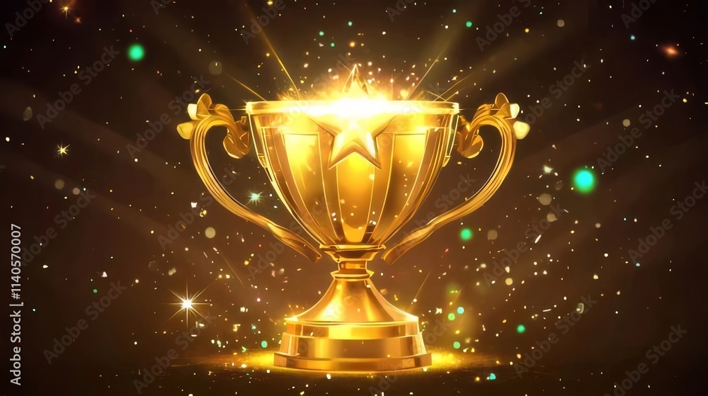Glowing golden trophy with star, sparkles, and rays of light on dark background. Glowing golden trophy with star, sparkles, and rays of light on dark background.