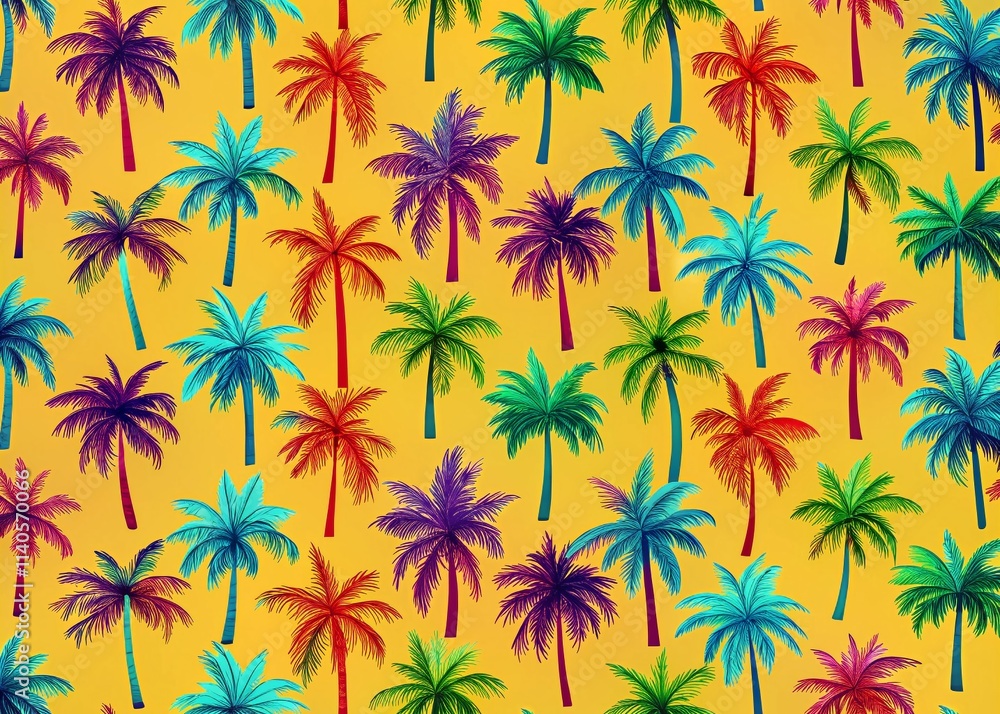 Fototapeta premium Minimalist Multicolored Palm Tree Pattern Art Print, Abstract Tropical Design, Geometric Palm Leaf Illustration