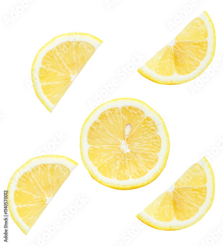 Top view set of fresh ripe yellow lemon fruits in halves and slices or quarters isolated on white background with clipping path