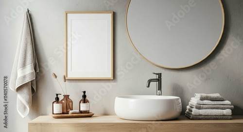 An interior bathroom with blank rectangular photo frames on the wall 3d illustration mock-up template.