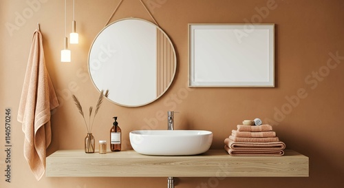An interior bathroom with blank rectangular photo frames on the wall 3d illustration mock-up template.