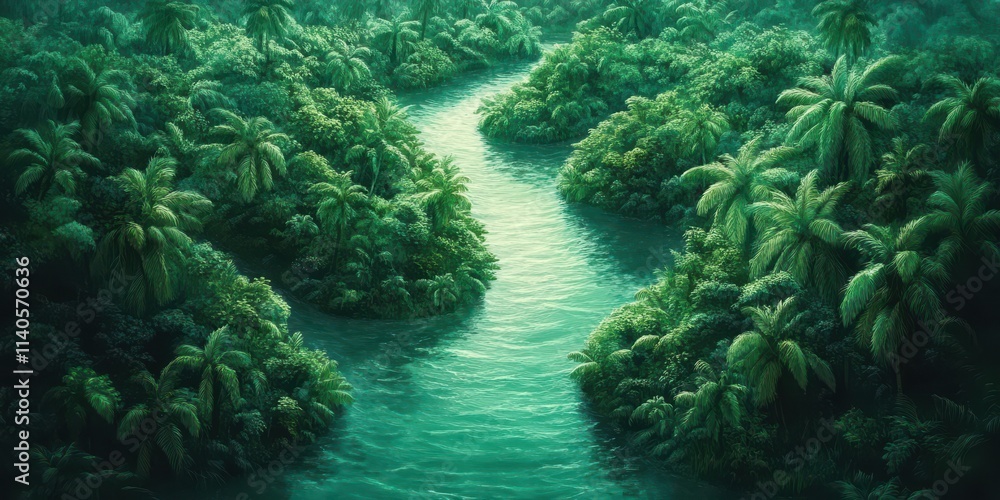 Fototapeta premium Serene aerial view of a lush tropical rainforest with a winding river reflecting vibrant greenery.