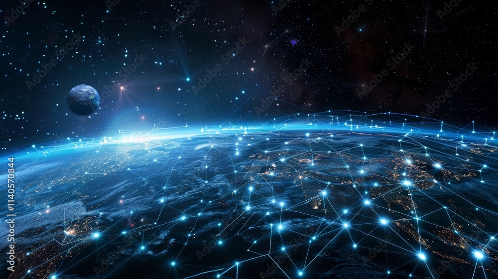 planet with a network of lines connecting it to other planets. Connections system and global datas exchanges over the globe 3D rendering elements of this image planet with a network of lines connecting it to other planets. Connections system and global datas exchanges over the globe 3D rendering elements of this image