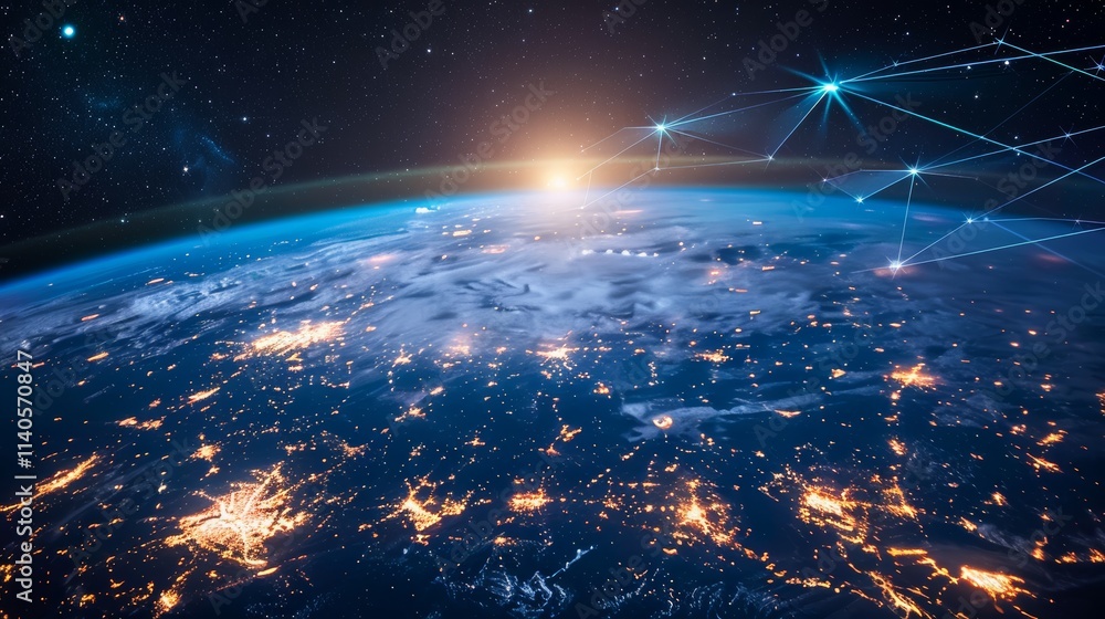 Obraz premium planet with a network of lines connecting it to other planets. Connections system and global datas exchanges over the globe 3D rendering elements of this image