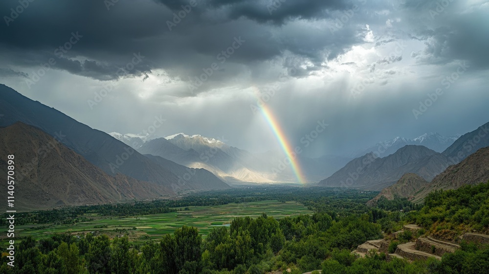 a vibrant rainbow over a mountain valley after a storm a vibrant rainbow over a mountain valley after a storm