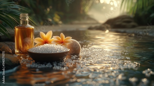 Fototapeta Naklejka Na Ścianę i Meble -  Tranquil spa setting by a serene stream, with essential oil, bath salts, and frangipani flowers in a lush jungle environment.