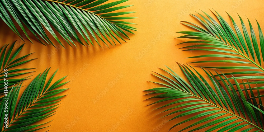 Minimalist Summer Palm Leaves Flat Lay: Orange and Sand Background Top View Minimalist Summer Palm Leaves Flat Lay: Orange and Sand Background Top View