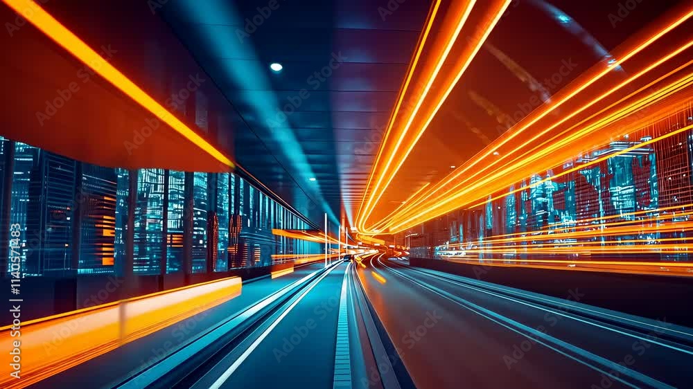 The video depicts a futuristic city tunnel illuminated by vivid orange and blue light trails, suggesting swift motion and advanced technology. The scene evokes concepts of future travel and modern The video depicts a futuristic city tunnel illuminated by vivid orange and blue light trails, suggesting swift motion and advanced technology. The scene evokes concepts of future travel and modern