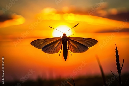 Minimalist Sunset Moth Photography: Silhouettes, Wings, Dusk, Orange, Night, Insect, Nature photo