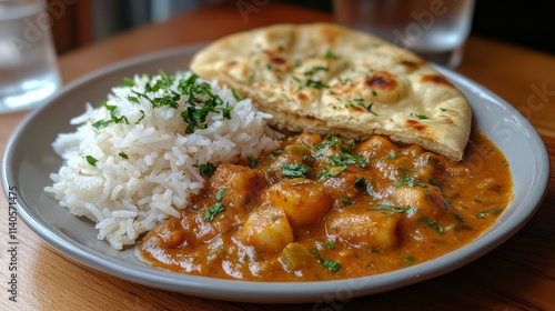 Delicious plate of curry with rice and naan garnished with fresh herbs served...