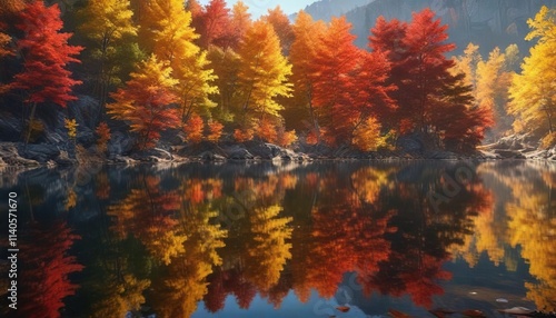 The vibrant colors of autumn leaves and the reflection in the lake create a stunning scene, vibrant, Pocheon photo