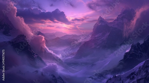 The sky is a beautiful shade of purple with clouds floating above. The mountains in the background are covered in fog, creating a serene and peaceful atmosphere