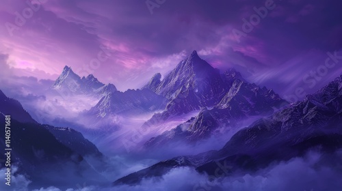 The sky is a beautiful shade of purple with clouds floating above. The mountains in the background are covered in fog, creating a serene and peaceful atmosphere