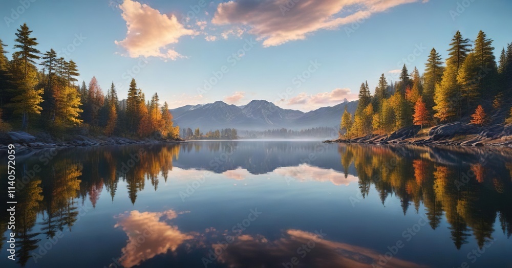 Fototapeta premium The sky is reflected in the calm waters of a peaceful lake, mirror image, surface, natural light